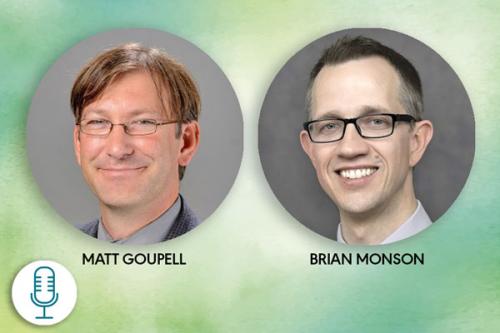 Dr Goupell and Dr Monson's headshots with a green background